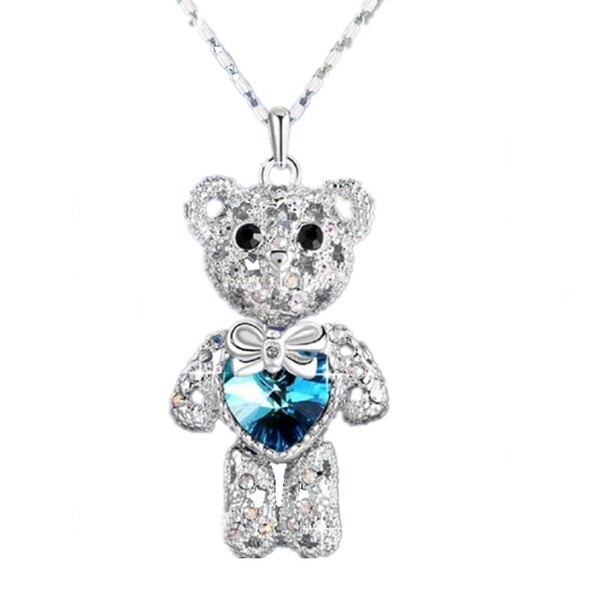 925 Sterling Silver I Love you Heart Blue Topaz Teddy Bear Pendant Necklace