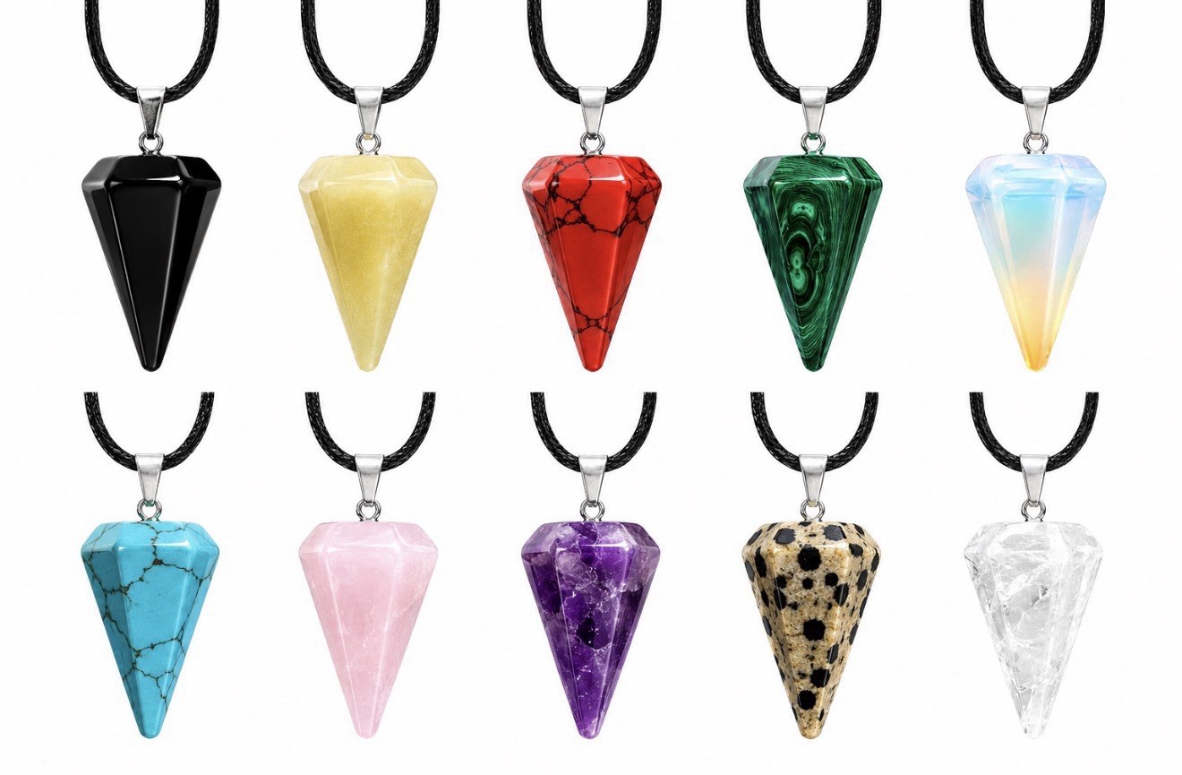 Amethyst Purple Cone Charm Pendant Necklace Bezel Setting Black Cord Silver