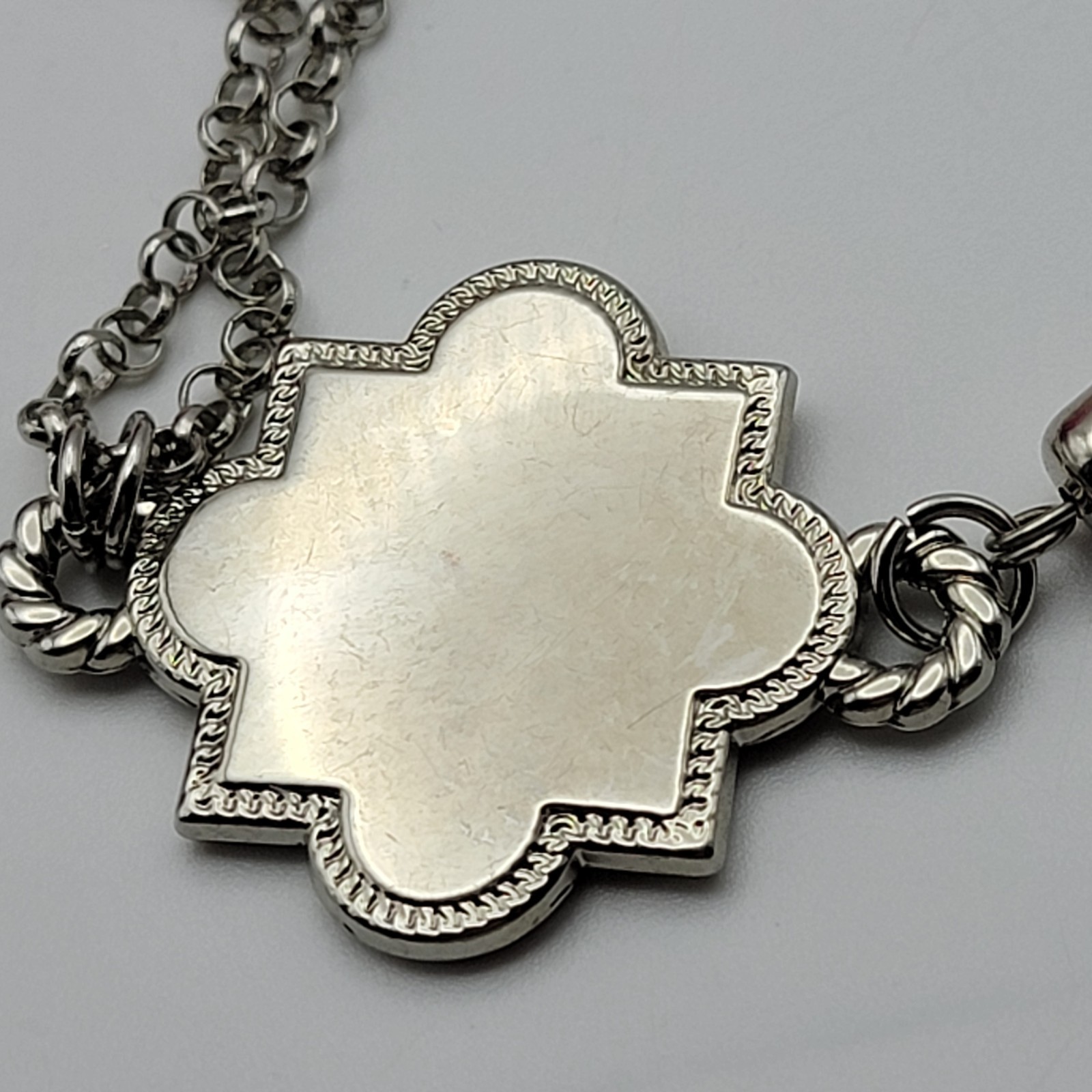 Initials HBF Engraved Quatrefoil Tassel Necklace Silver Tone 35” Adjustable