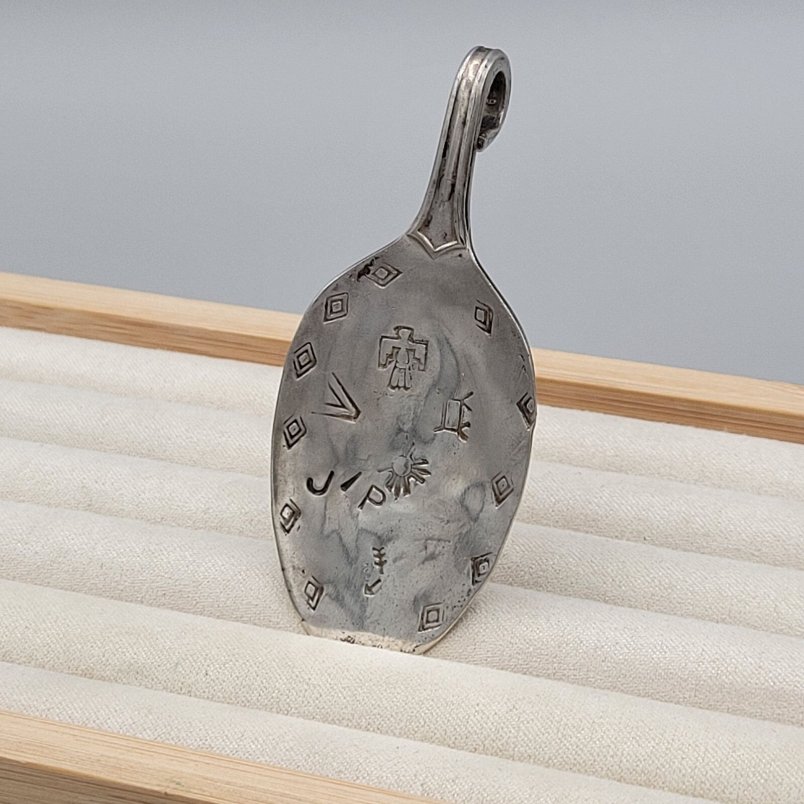 Wallingford Stainless Steel Spoon Pendant Aztec Stamped Thunderbird Arrow 3″