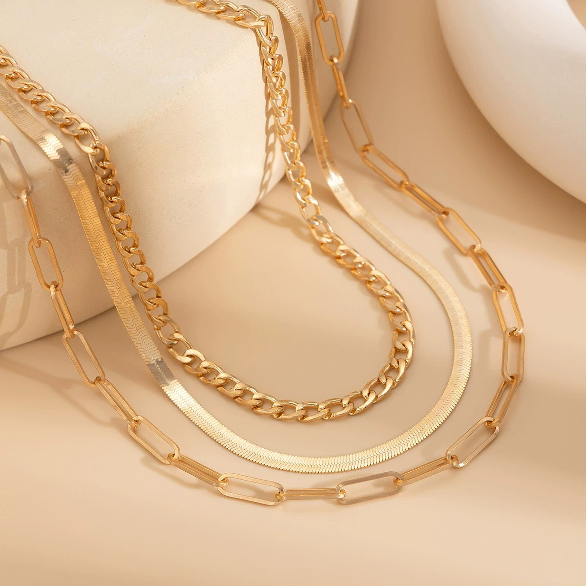 Gold Plated Stacked Snake Paperclip Figaro Chain Mixed Layered Choker Necklace