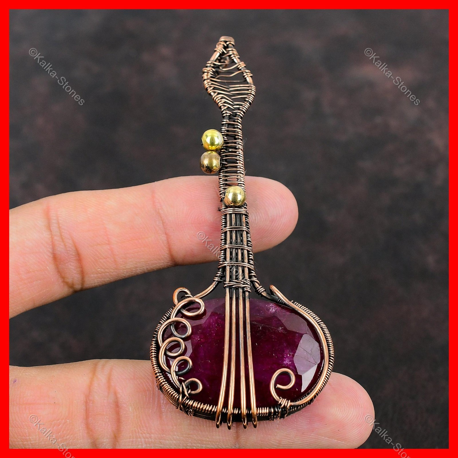 Copper Kashmir Rubi Gemstone Daughter Guitar And Wire Wrapped Pendant Jewelry