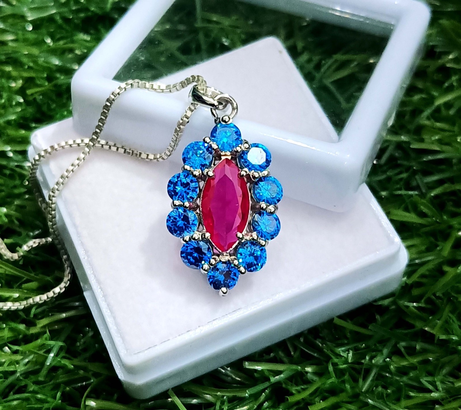 15 Ct Ruby Marquise Cut & Blue Sapphire Pendant 925 Sterling Silver With Chain