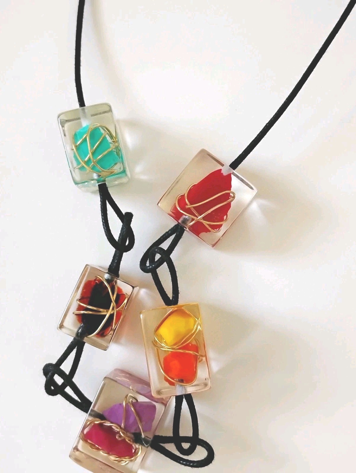 Sobral Jackie Brazil Resin Cubes Colorful Gold Wire Wrapped Inclusions Necklace