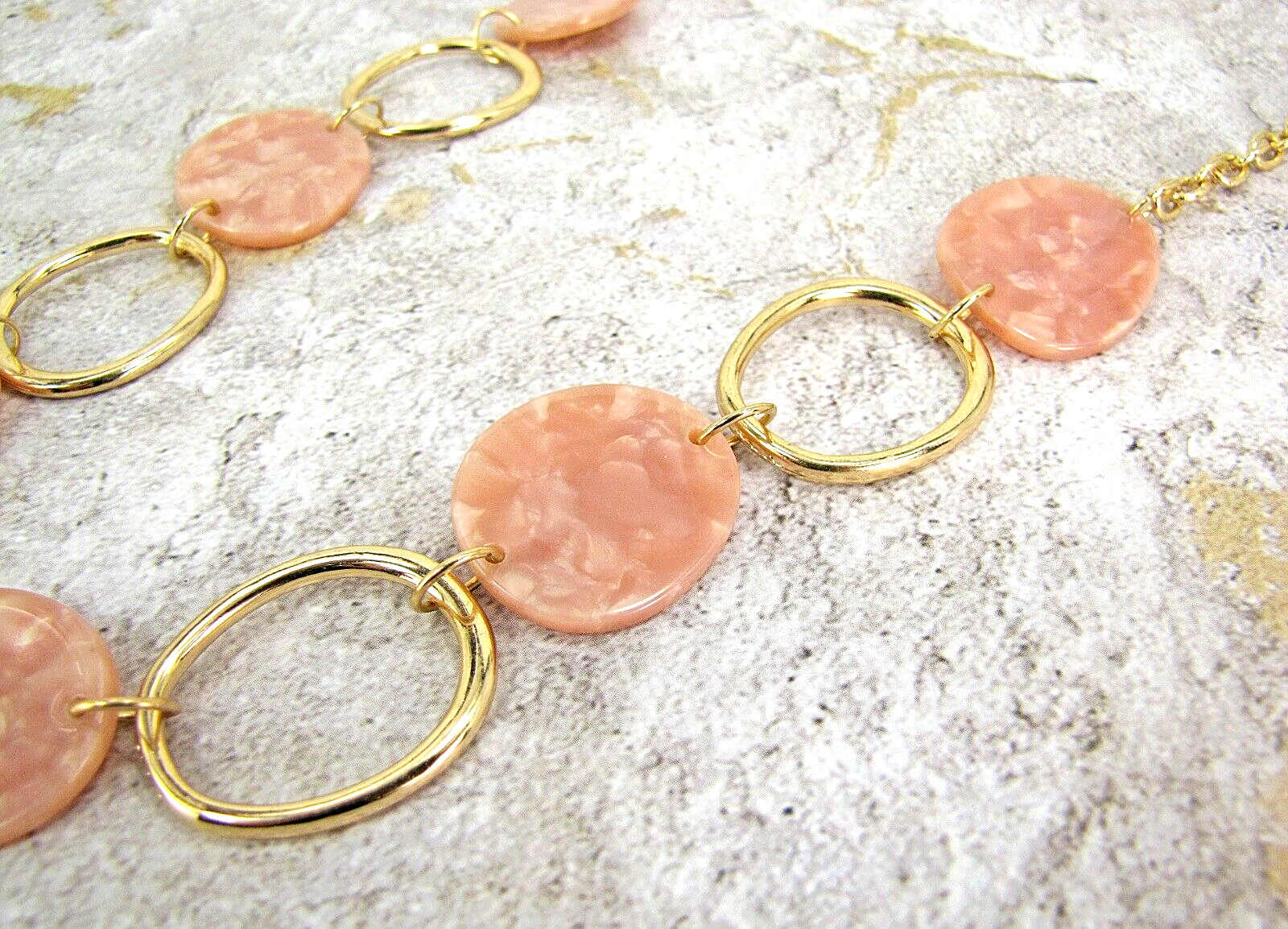 Pink and gold link necklace with pink flat marble look oval disk beads NEW