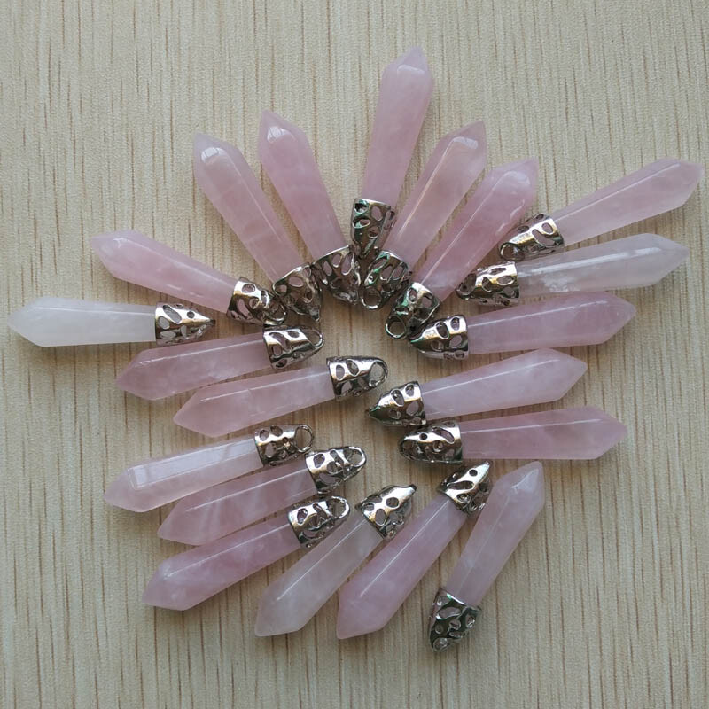 Natural 50pcs Rose Quartz Stone Hexagonal Pillar Pendant Bead Jewelry 10x32mm