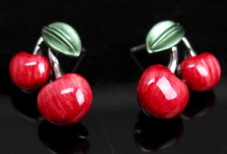 Sweet Red CHERRY Leaf Blossom Choker Betsey Johnson Enamel Necklace Earrings SET