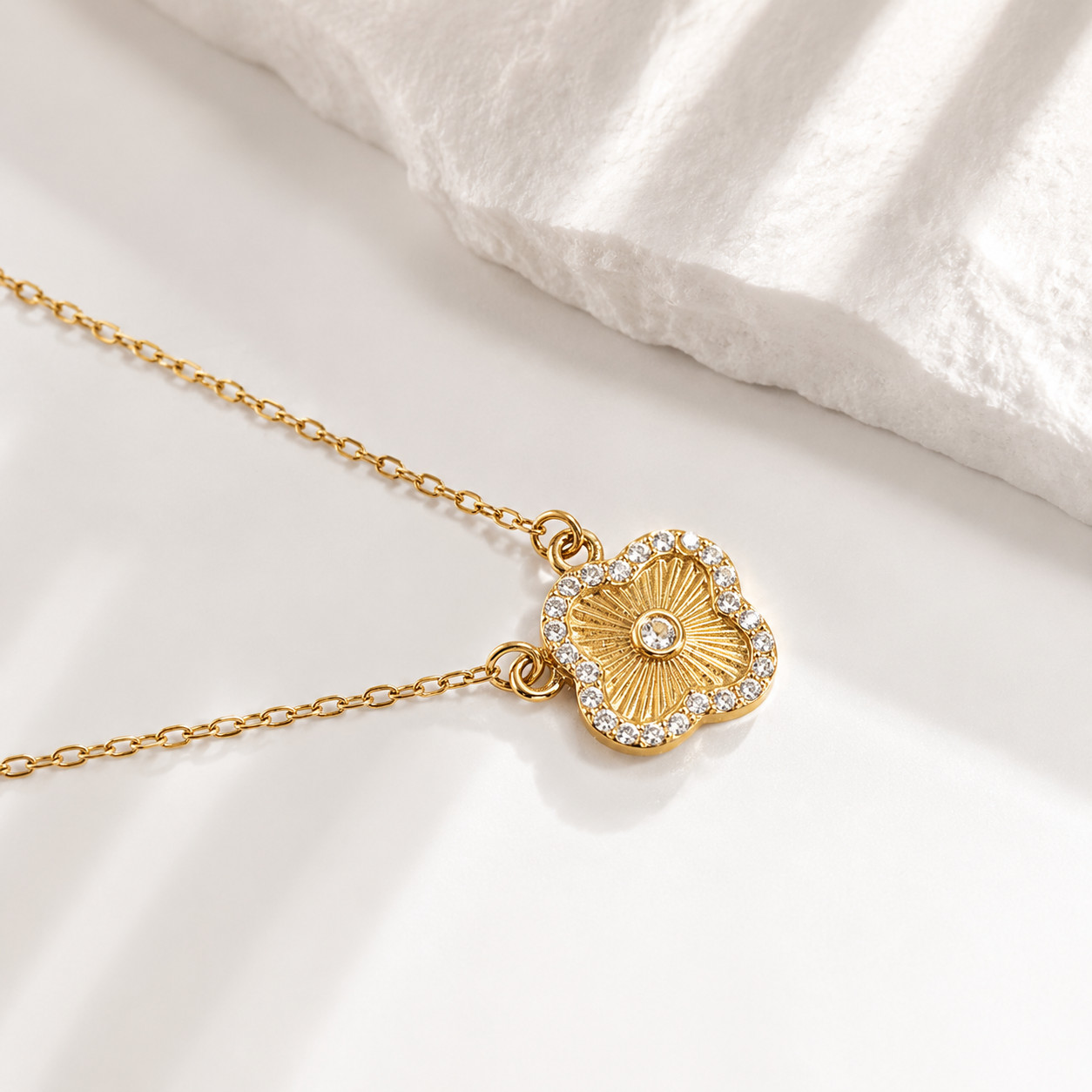 Flower Shape Pendant Necklace CZ Center Stone 18K Gold PVD Stainless Steel