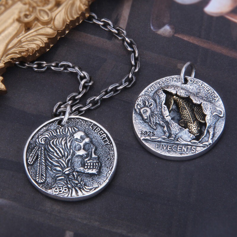 Indian Skull Head Buffalo Koi 1936 Coin Double Sided Pendant 925 Sterling Silver