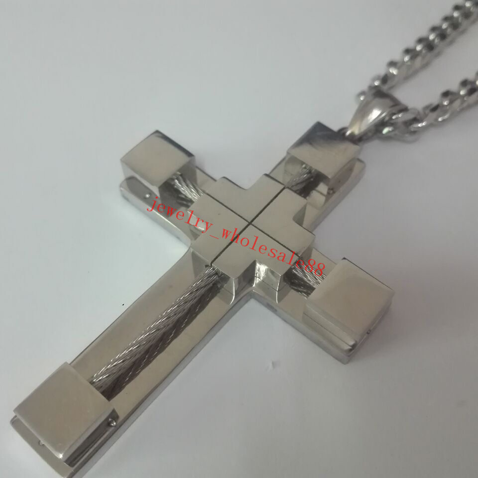 20”-32” Large Stainless Steel Wire crucifix Cross Pendant Curb Chain Necklace