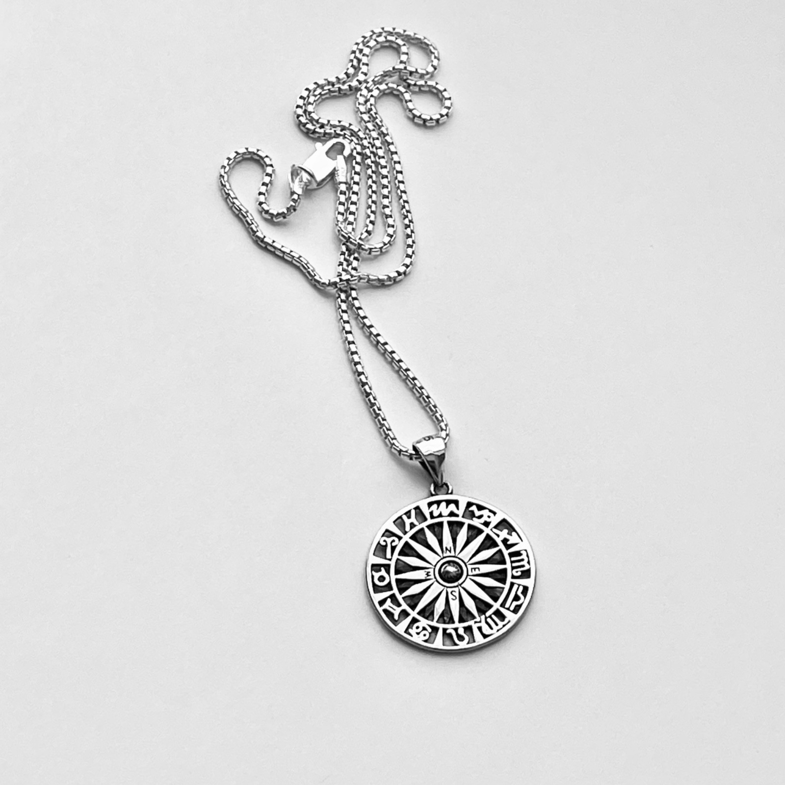 Sterling Silver Unisex Zodiac Wheel and Compass Necklace, Zodiac Signs Chain