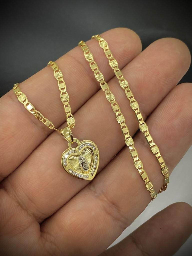 Heart CZ Virgen de Guadalupe Necklace Valentino Chain for Womens Gold F 15x13mm