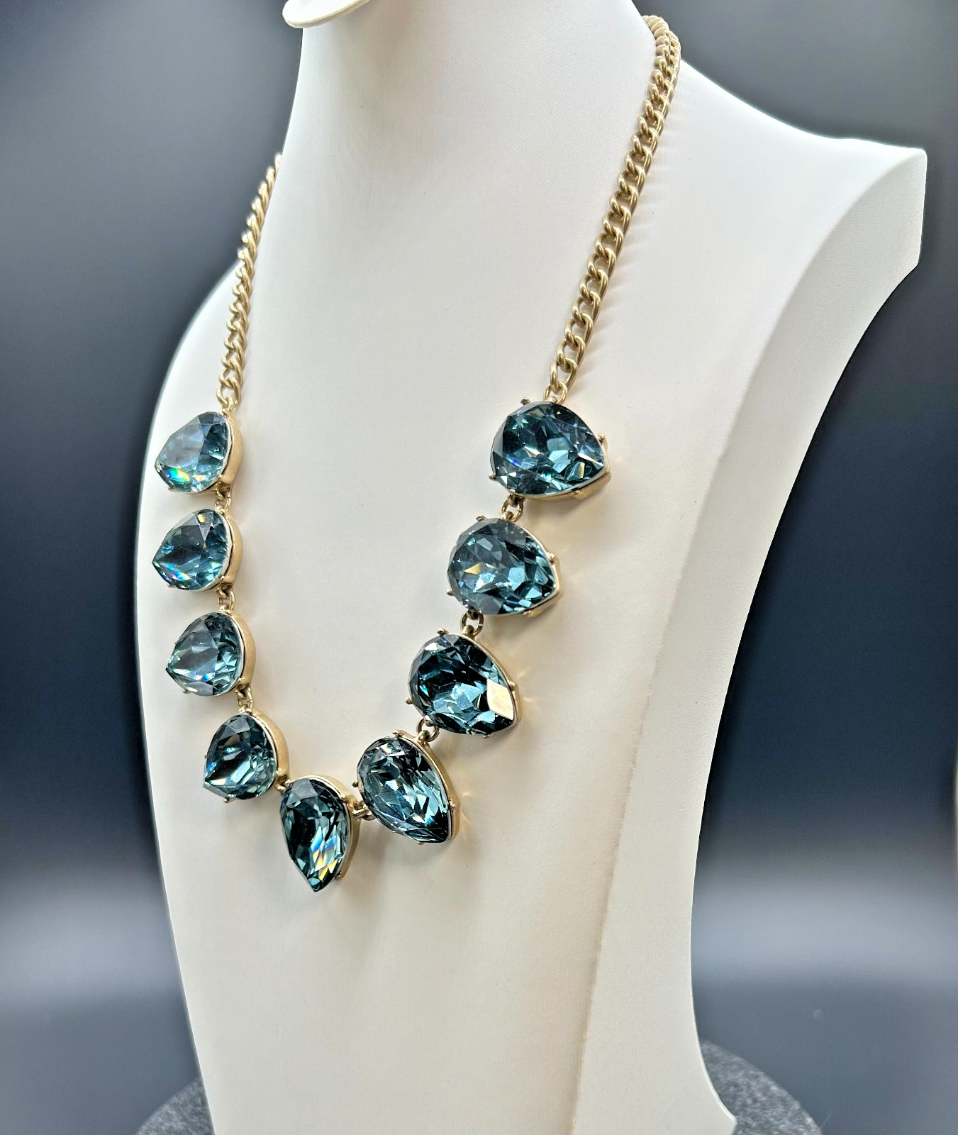 J Crew Crystal Teardrop Statement Necklace Blue Grey Bib Collar Gold Tone NWT