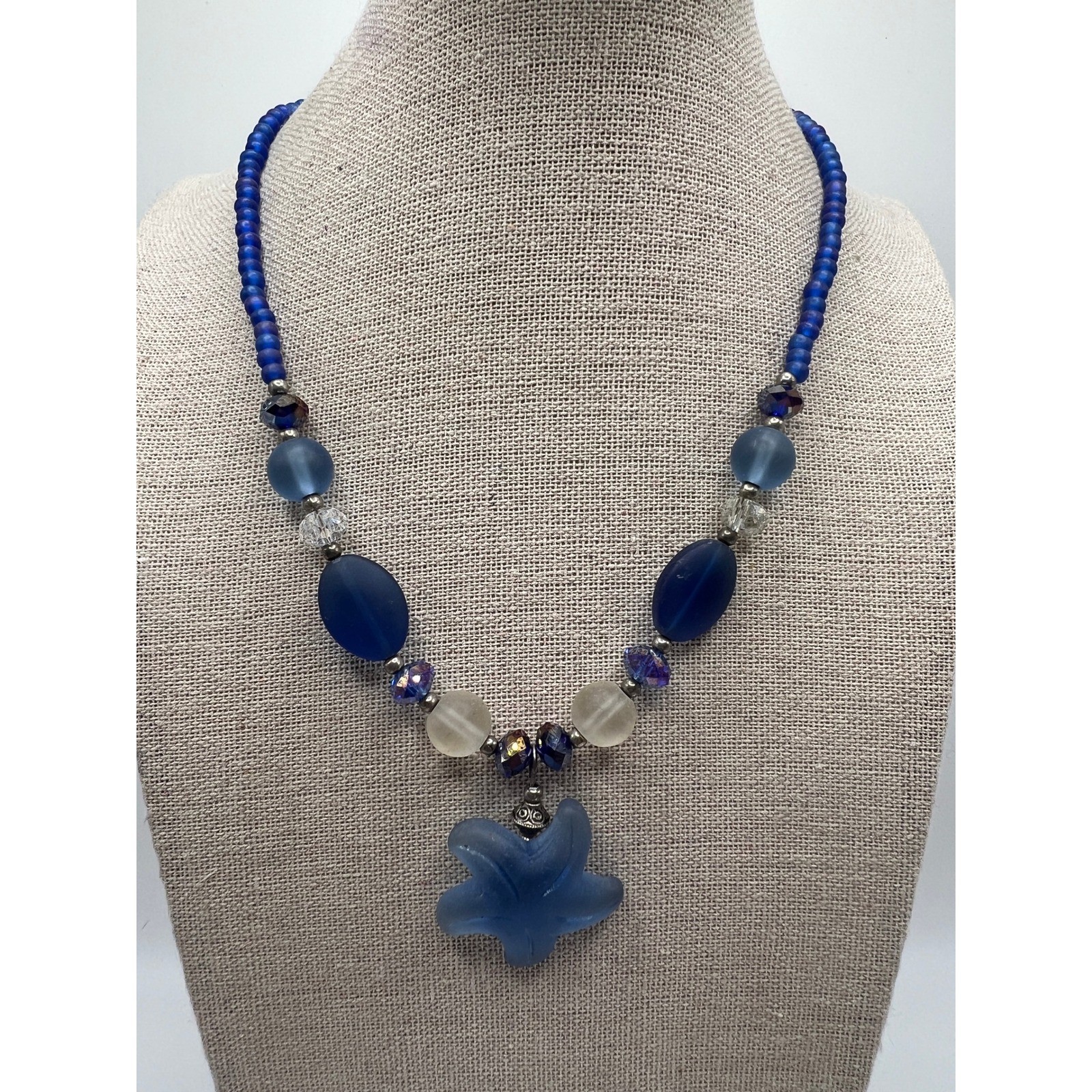 Sea Glass Starfish Pendant Necklace Coastal Boho Mermaidcore Blue Glass 15-18″