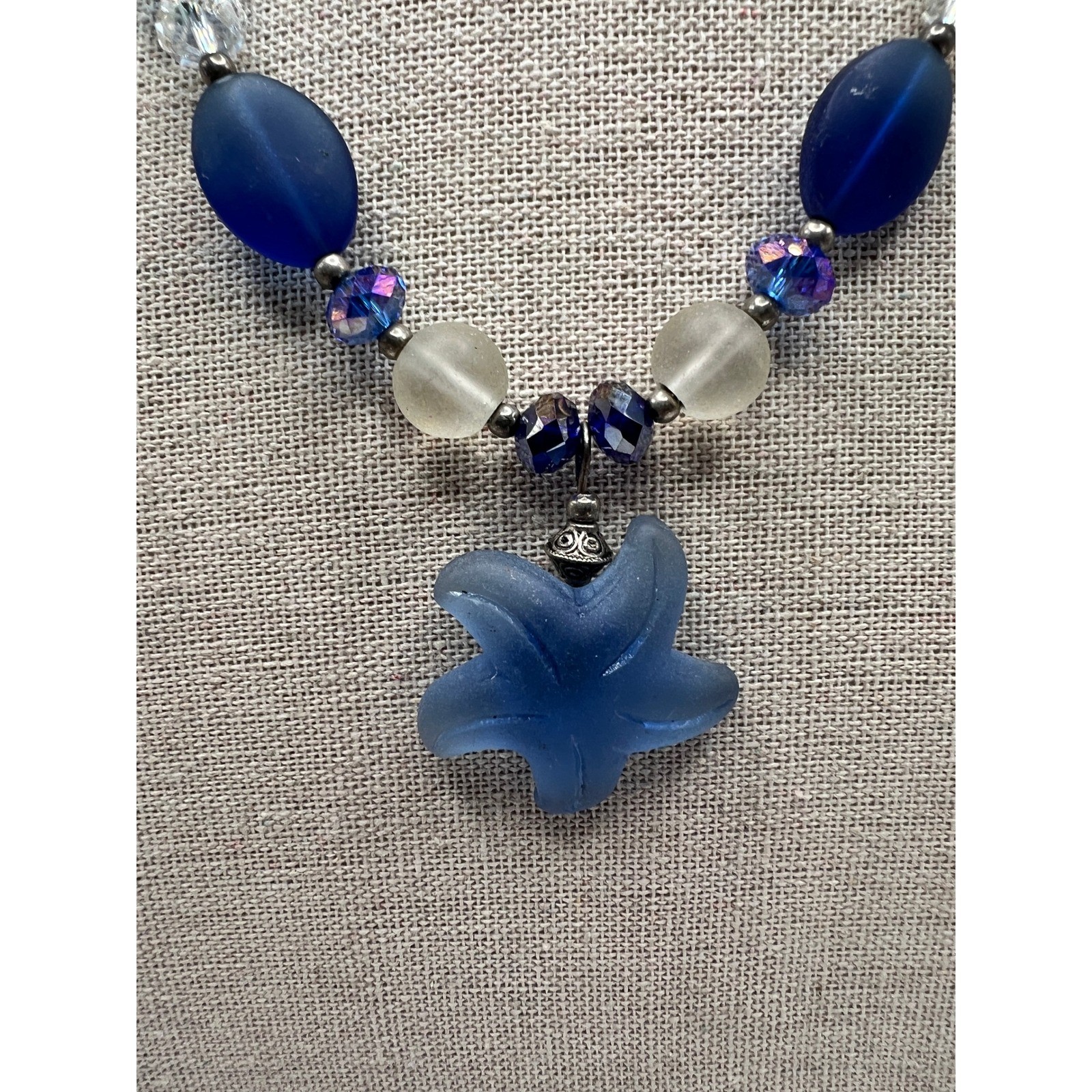 Sea Glass Starfish Pendant Necklace Coastal Boho Mermaidcore Blue Glass 15-18″