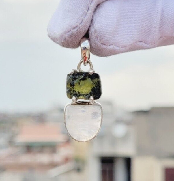 Moldavite & Rainbow Moonstone 925 Silver Pendant Handmade Multi Stones Pendant