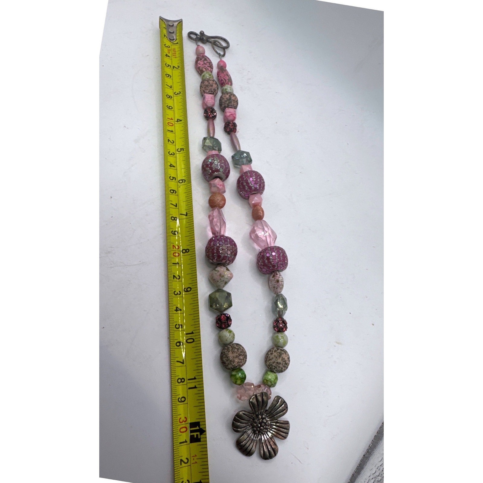 Boho Mixed Bead Flower Pendant Necklace Pink Green Glass Ceramic 23 Inch