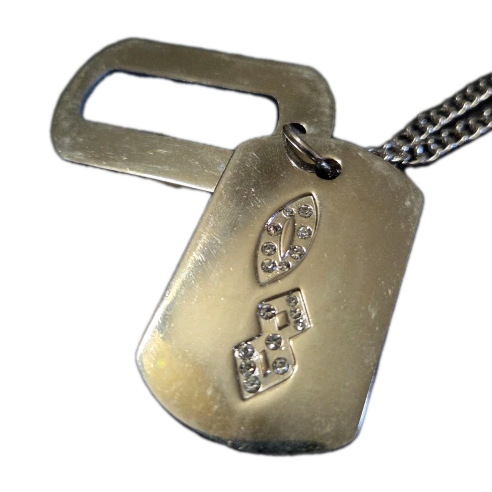 Double Dog Tag Necklace Silver Tone Clear Rhinestones 08 Bling 34.5″