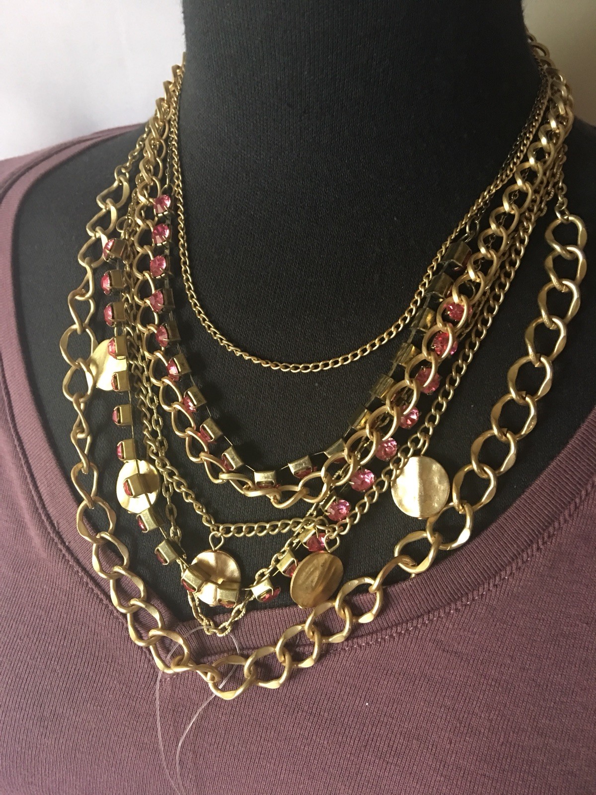 Hot Pink And Gold Multi Strand Chain Necklace Retail $24.99-New
