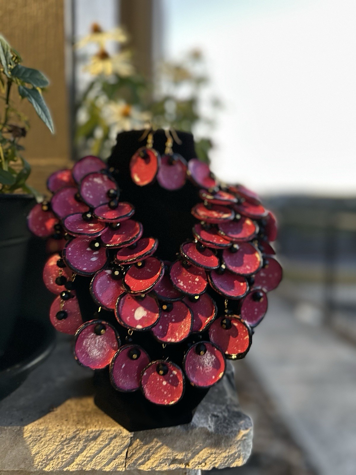 Mexican Handmade Necklace Collar Bib Choker Little Ceramic Jar In Pink/Earrings