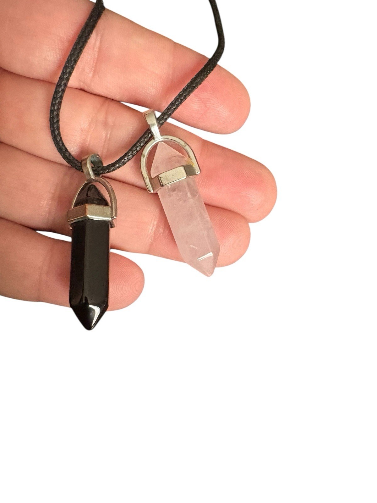 Black & Rose Quartz Point Pendant Necklace – Double Crystal, Faux Leather Cord