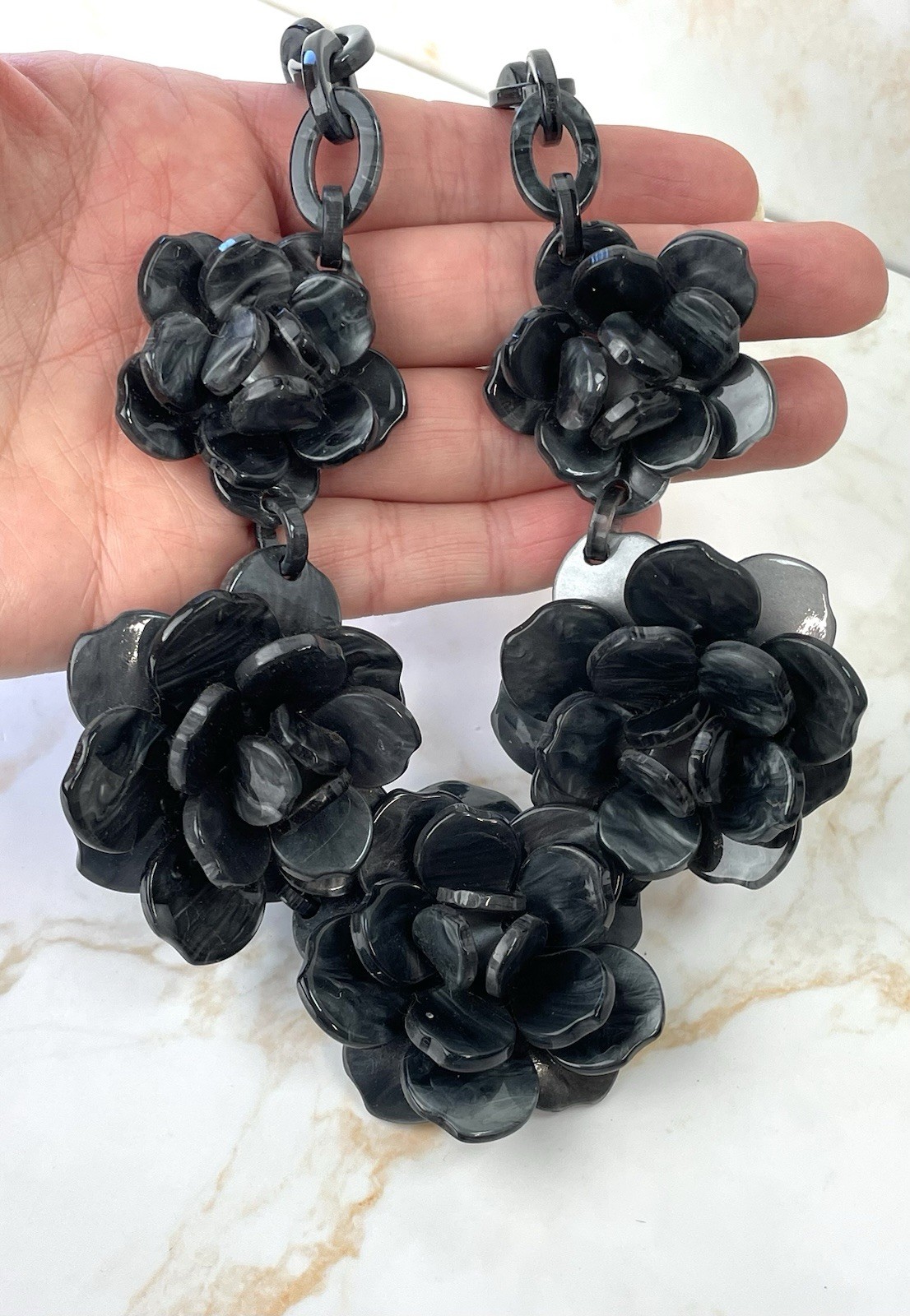 Statement Necklace Large Black Grey Marble Effect Acrylic Flowers