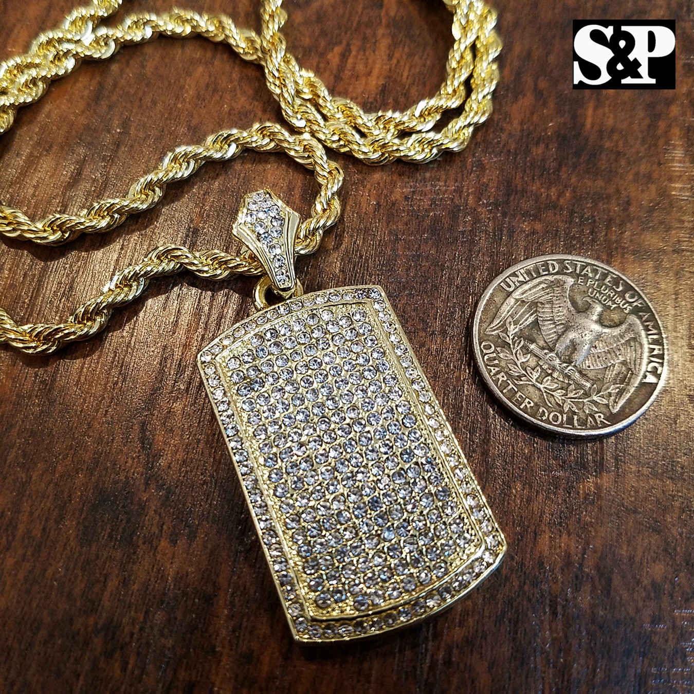 14K GOLD PLATED ALLOY CUBIC ZIRCONIA DOG TAG PENDANT & 24″ ROPE CHAIN NECKLACE
