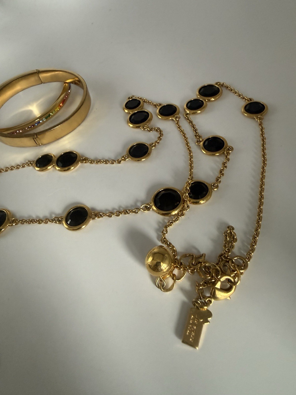 Kate Spade Goldtone Necklace With Black Crystal Rhinestones + 2 Bangles Bracelet