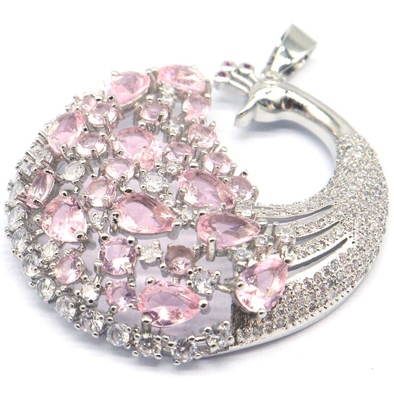 Multi Color Peacock Big Tourmaline Citrine Blue Topaz Kunzite CZ Silver Pendant