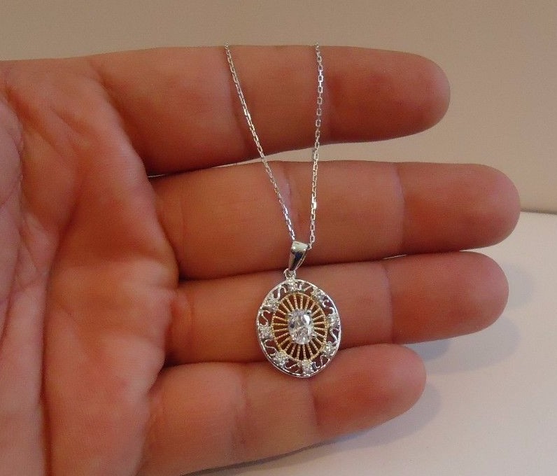 TWO TONE NECKLACE PENDANT W/ 1 CT LAB CREATED DIAMONDS 925 STERLING SILVER
