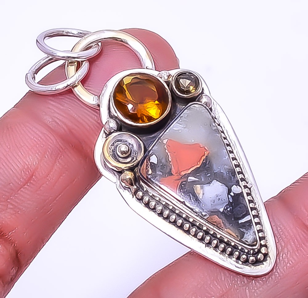 Malingano Jasper & Smoky Quartz Gemstone 925 Sterling Silver Pendant 1.95″ A399