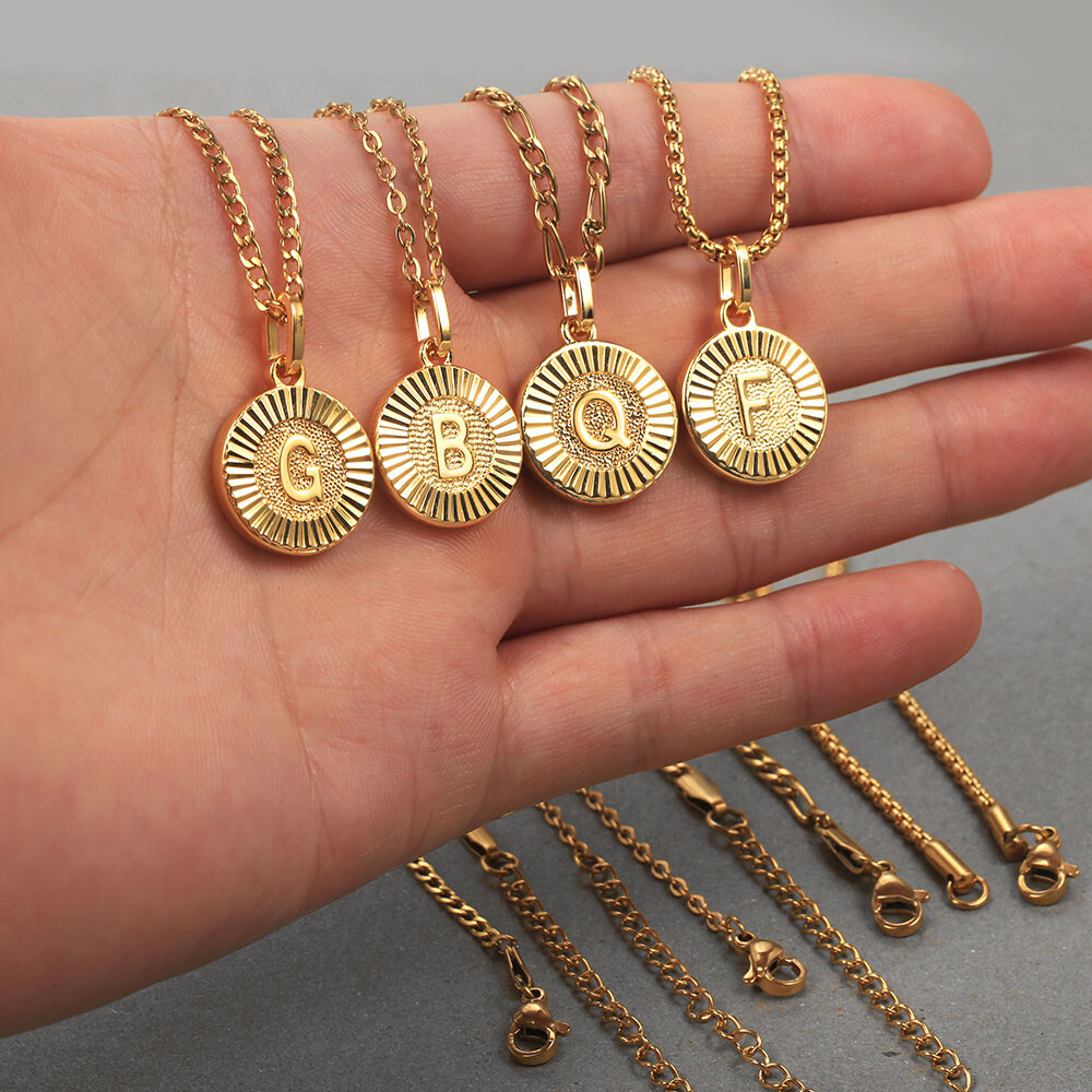 Gold Plated Letters Pendant Necklace Stainless Steel Box/Figaro/Rolo/Curb Chain