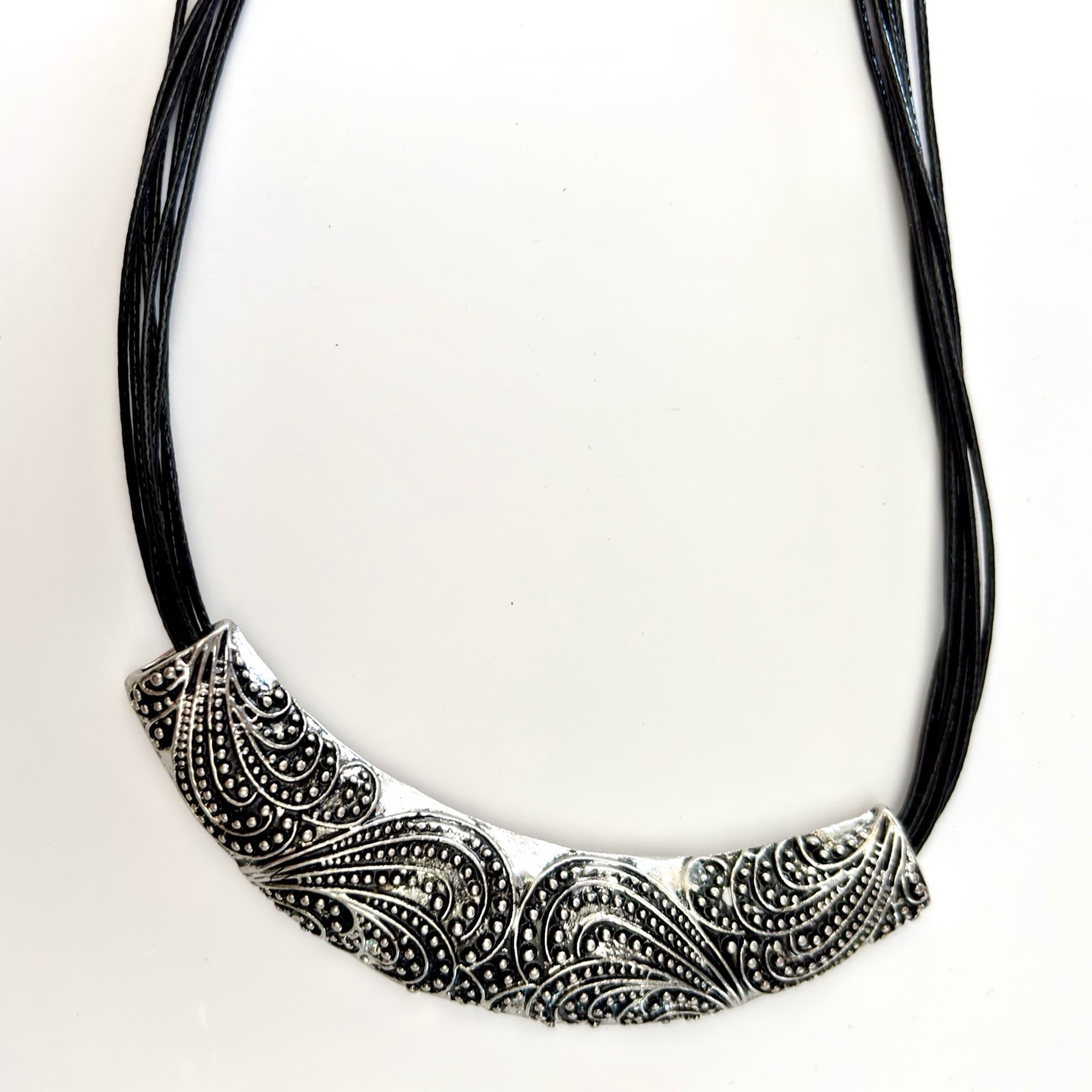 Choker Necklace Adjustable Multi Strand Black Cord Engraved Silver Toned Accent