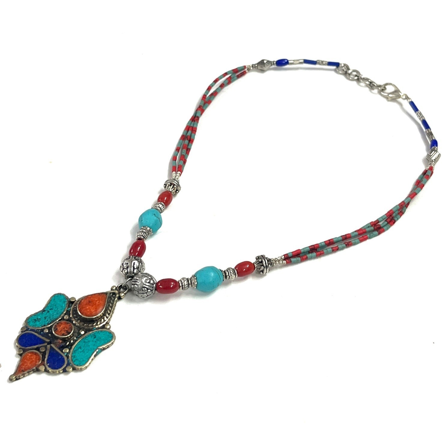 Nepalese Turquoise Coral Gemstone Tibetan Necklace Jewelry, 18 inch Adjus