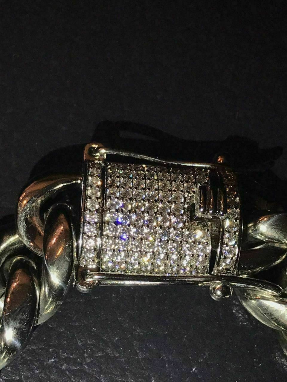 Cuban Miami Silver Bracelet & Chain Set Stainless Steel 925 Simulated Diamond