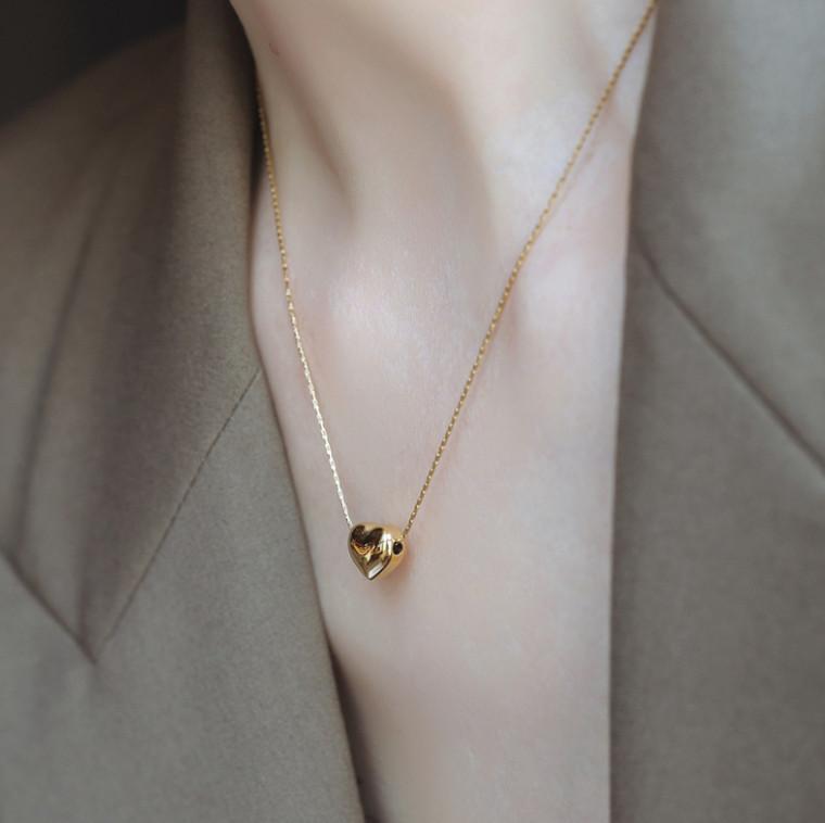 14K Gold Stainless Steel Puff Heart Pendant Necklace 16-18″ Chain Women AC
