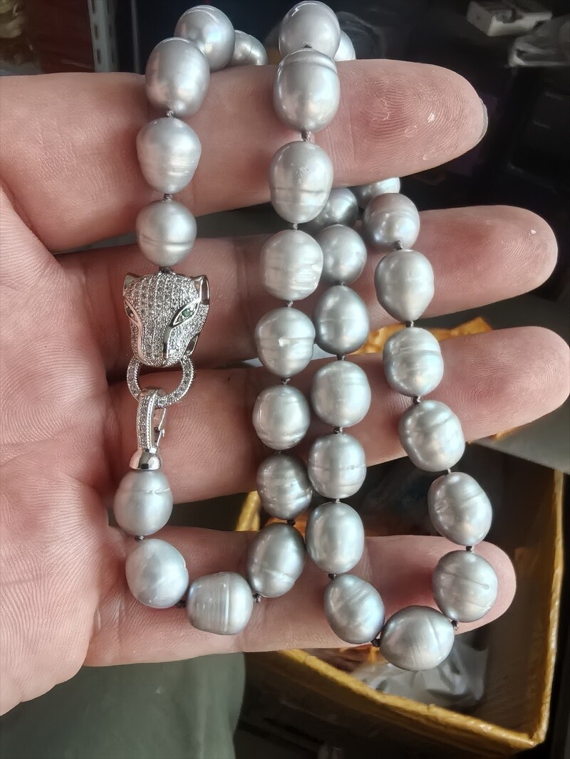 Authentic Large 12-9mm Natural gray BAROQUE Pearl Necklace 18 inches 925
