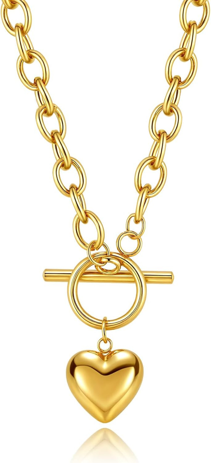 14K Gold Plated Heart Pendant Necklace for Women Trendy Chunky Link Chain Toggle