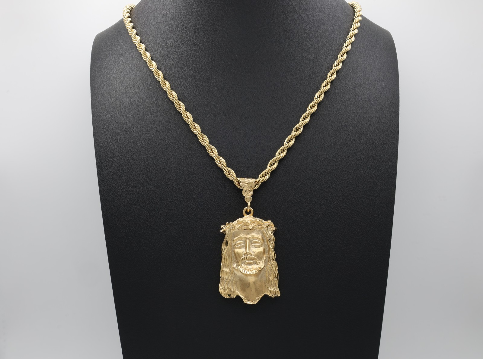 Large Jesus Pendant Necklace, 5mm French Rope Chain, 14k Heavy Gold Plated