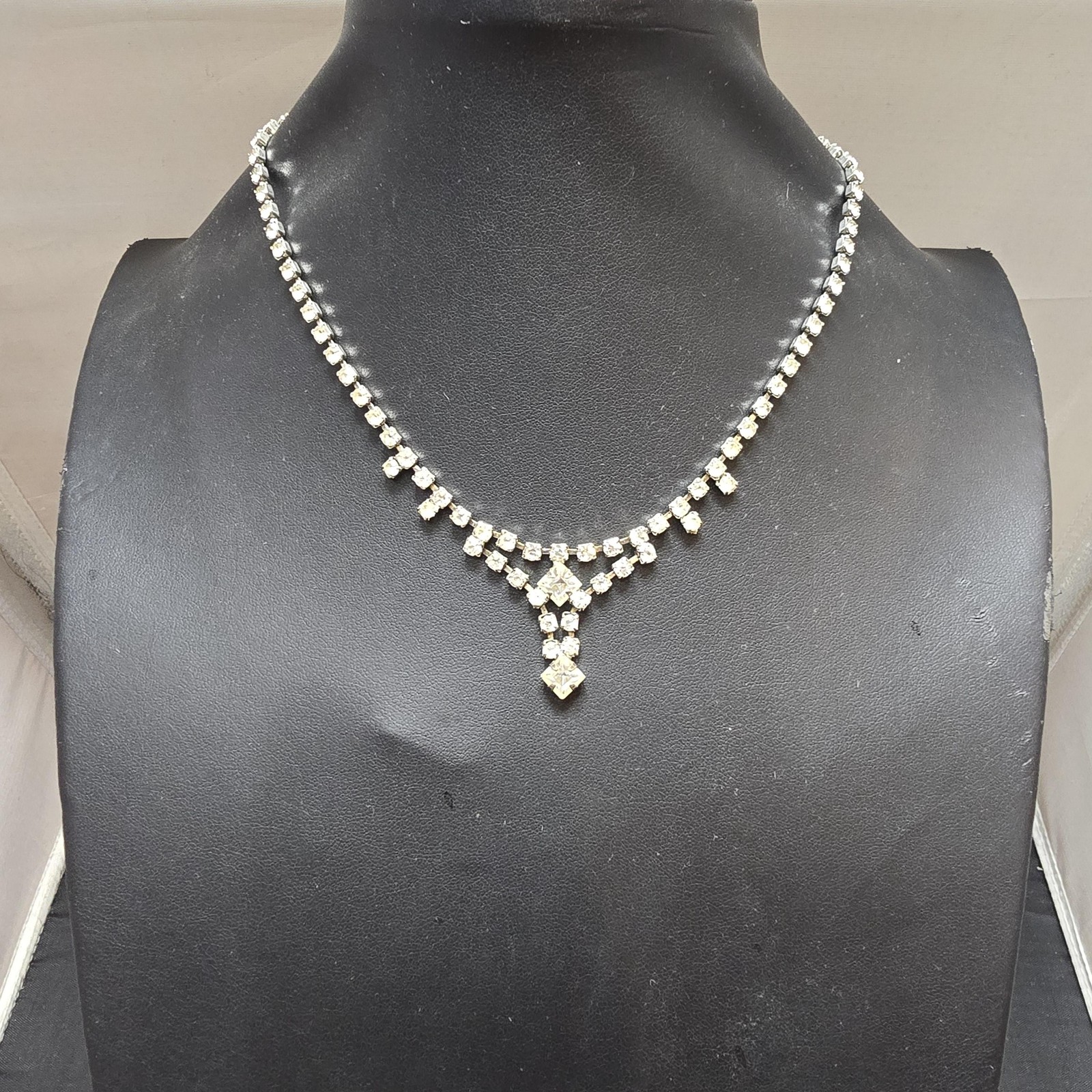 Clear Rhinestone Tennis Necklace Womens Y-Drop Square Pendant Crystal Elegant