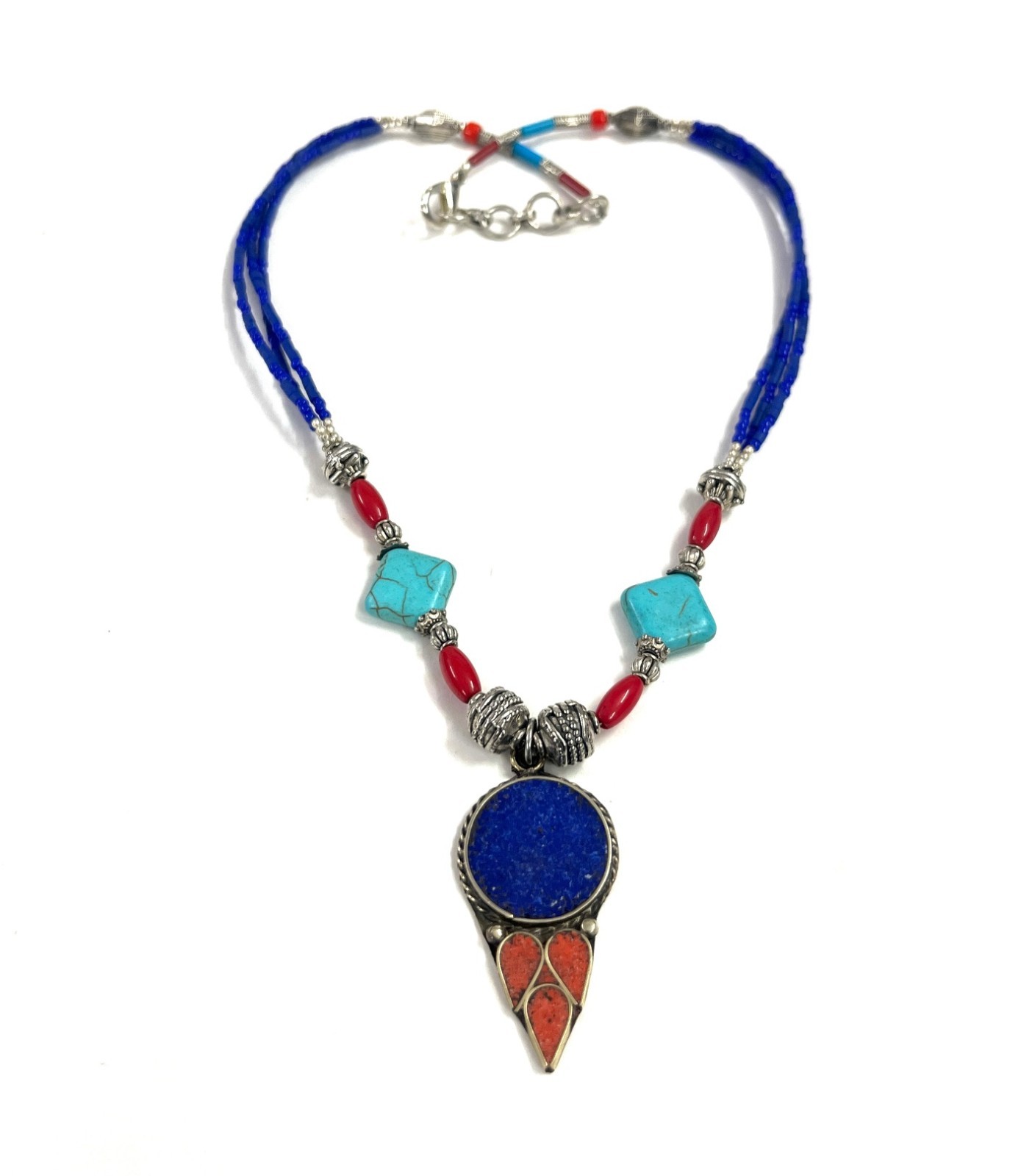 Lapis Turquoise Coral Gemstone Tibetan Traditional Necklace Jewelry, 18 Inc Adjs