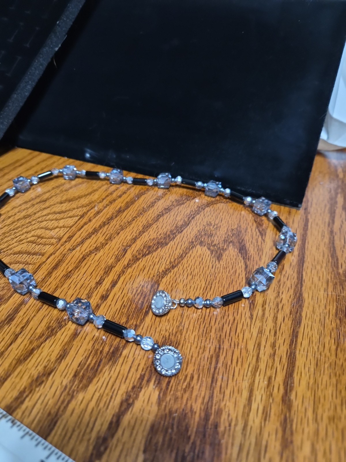Black And Grey Crystal And Glass Necklace With Magnetic Clasp 21 Inches