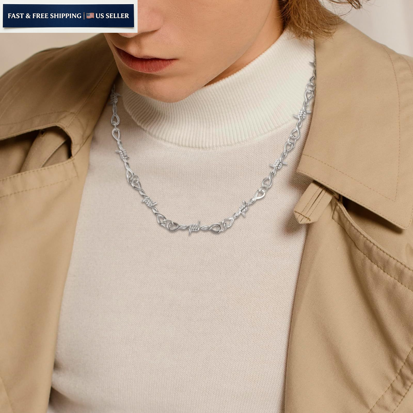 Yolev Barbed Wire Necklace and 10.5 cm (necklace) + 23 (bracelet), Silver