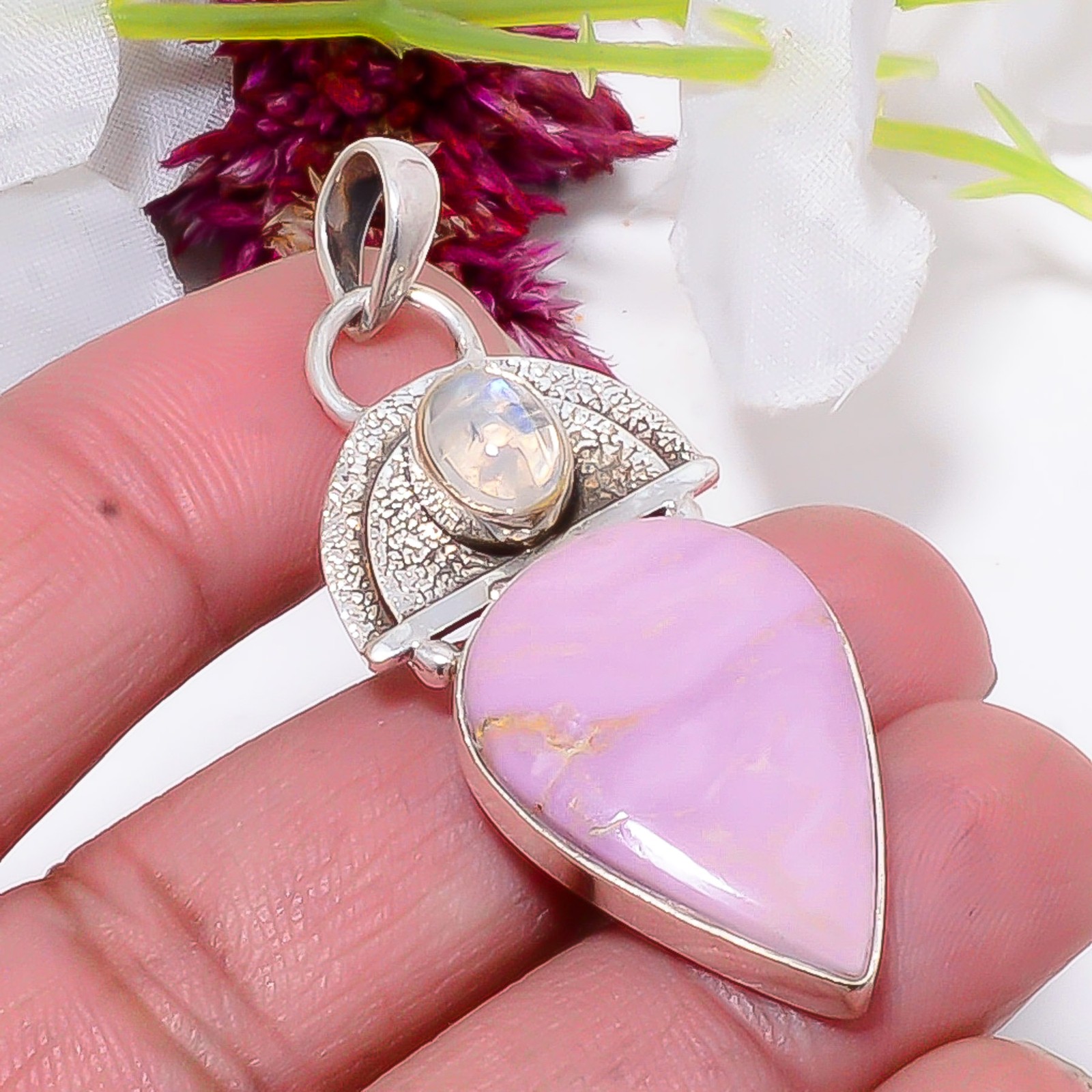 Phosphosiderite, Rainbow Moonstone – India 925 Sterling Silver Pendant 2.11″ S48