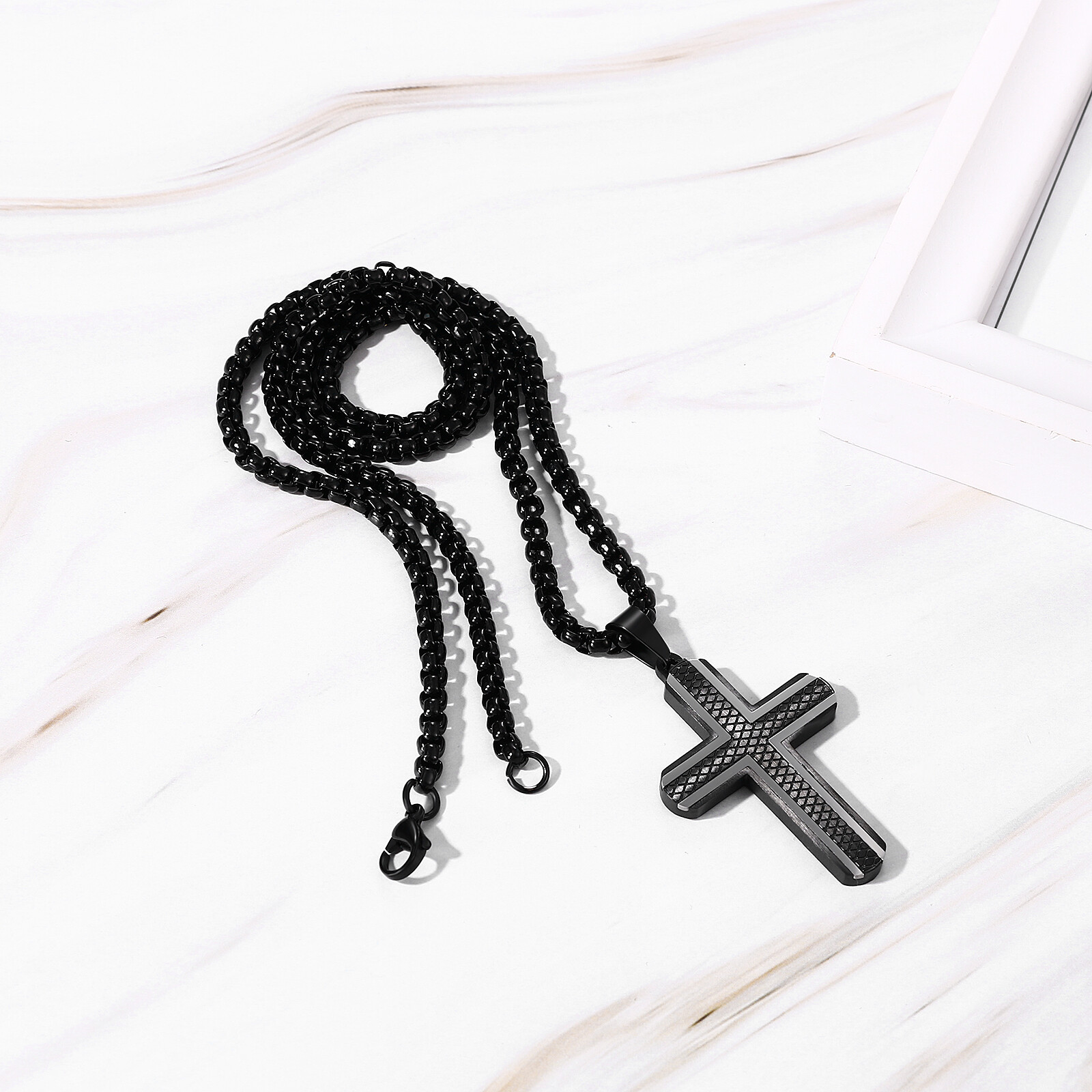 Mens Boys Cool Black Striped Cross Stainless Steel Pendant Necklace Chain 22in