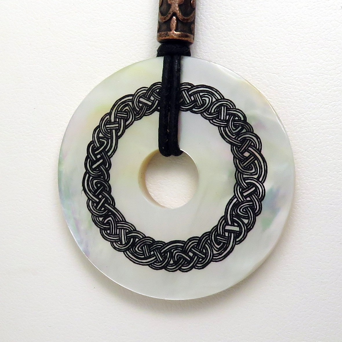 Celtic Knot Engraved Shell Donut Necklace with Waxed Cotton Cord – Adjustable
