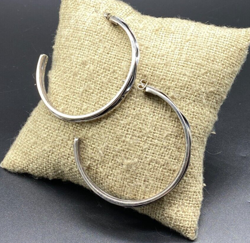 STERLING SILVER-Large Weighty Wrinkled Crinkled Hoop Post Earrings