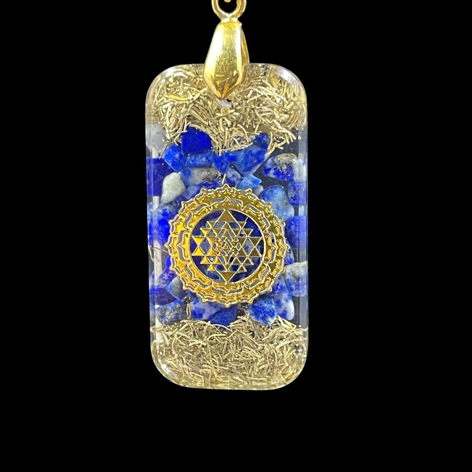Gold Tone Sri Yantra Pendant Necklace Blue Gemstone Spiritual Energy Healing