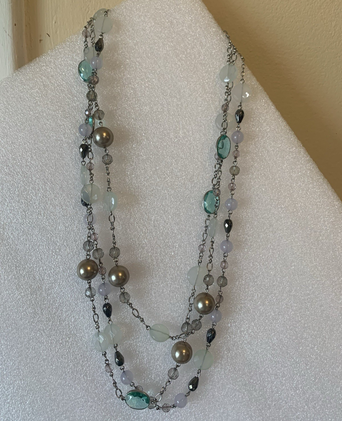 Ann Taylor Layered Silver-Tone Chain Beaded Necklace, Glass Beads, Toggle
