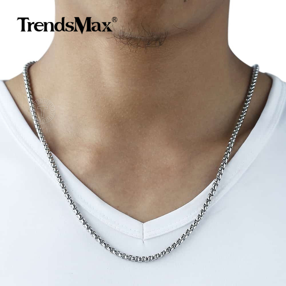 4MM Silver Stainless Steel Round Box Link Necklace Women Men Chain 18/20/22/24″